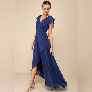 Ravishing Charm Dark Blue Ruffled Wrap High-Low Maxi Dress